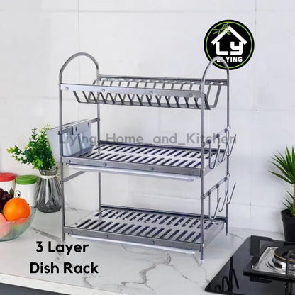 Liying 3-tier Dish Rack with Cup Holder, Dish Drainer with Automatic Drainage, Drainboard and Aluminum Utensil Holder Large Capacity