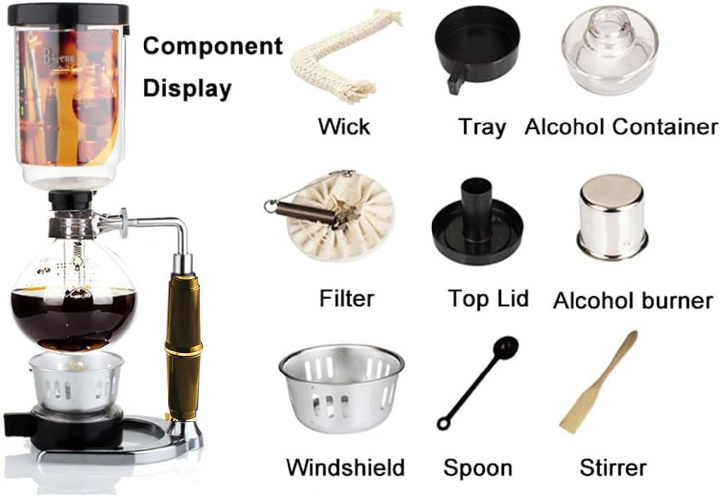 Liying 3cup Tabletop Siphon (Syphon) Coffee Maker with Alcohol Burner, Plastic Coffee Powder Spoon, Filter Cloth and Wooden Stirrer (Wooden Handle)