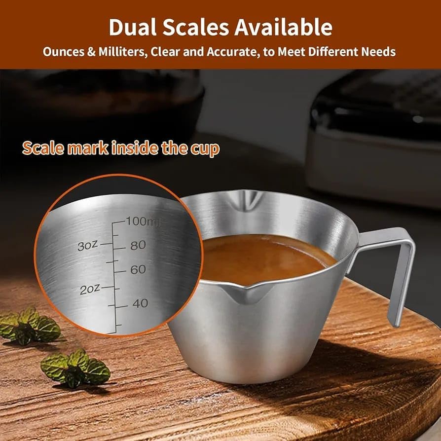 Liying 1Pcs Stainless Steel Espresso Cups 100ml, Espresso Accessories, Double Spout Metal Measuring Cup with Dual Scale, Espresso Shots Cup with Handle, Coffee Bean Weighing (Silver)