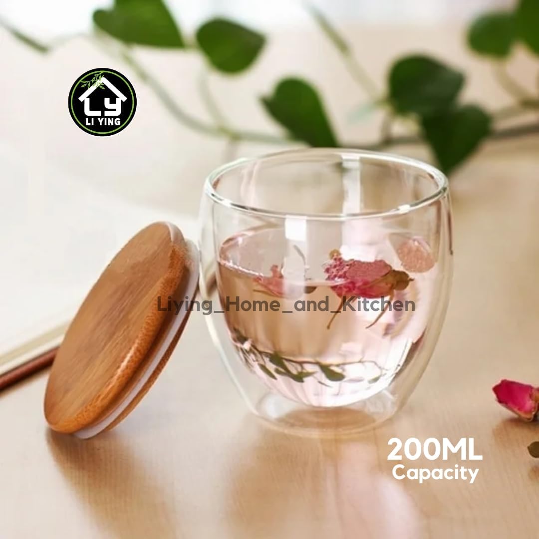 Liying Double-walled Borosilicate Clear Glass 200ML Coffee Mug with Bamboo Lid for Hot or Iced Coffee, Milk, Latte,Cappuccinos & Cocktails (Small)