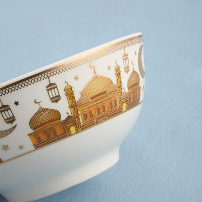 Liying Ramadan Design Set of 6 Ceramic Soup Bowls, Cereals, Rice, Pasta, Salad Oatmeal, Thick-edge Non-slip Design with ramadan designs, gold and white color H-7cm, W-11cm, L-11cm (Small) | Yellow