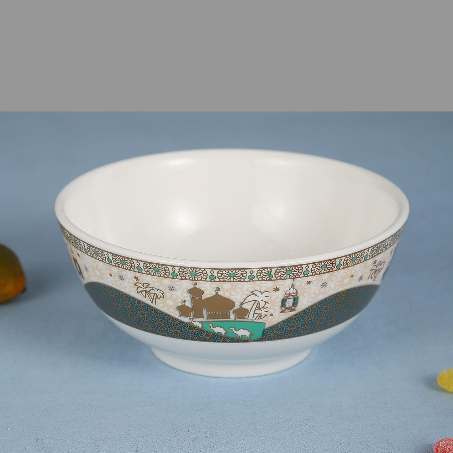 Ramadan design Porcelain Bowls Set of 6 Bowls for soup， Cereal, Salad, Fruit, Snacks, Ramen, Noodle, Dessert - White and green(L8*-W-15*H-6.5CM)