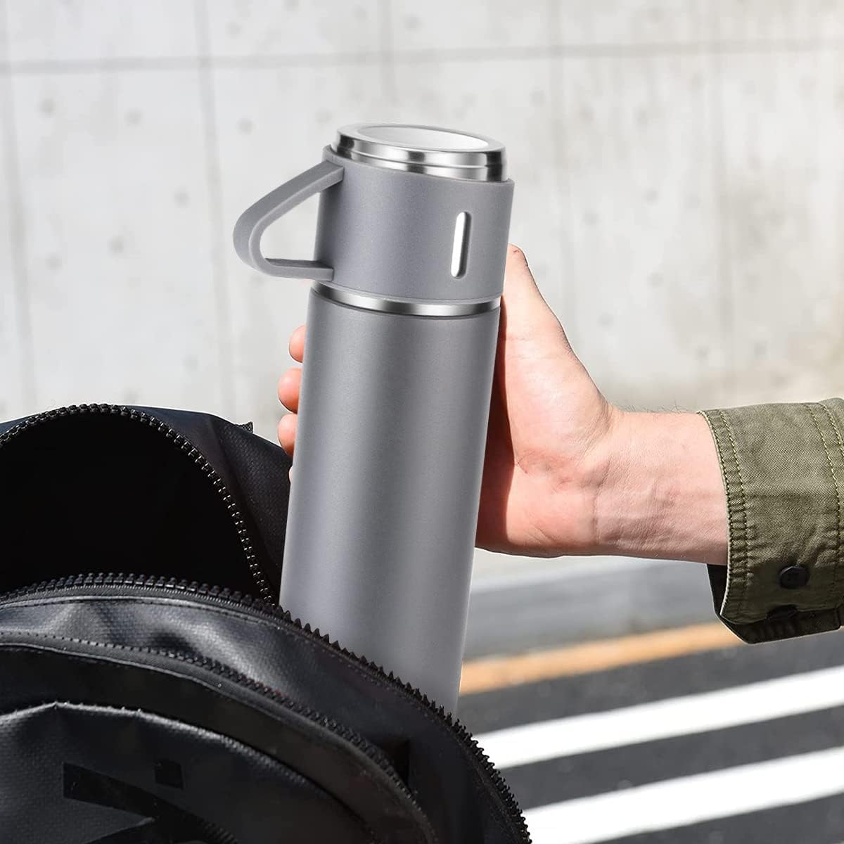 Liying Coffee Thermos Stainless Steel Vacuum-Insulated Water Bottle, 500ml/16.9oz Insulated Bottle with Cup for Hot & Cold Drink Travel Mug (Grey, Three Cup)