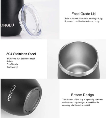Liying 350ml Insulated Wine Tumbler with Lid Double Wall Vacuum Stainless Steel Wine Glass Coffee Mug Insulated Tumbler Cup for Champaign, Cocktail, Beer (Black)