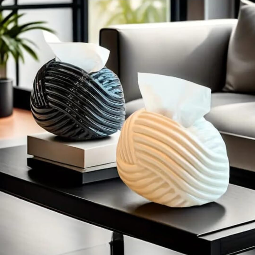 Liying Ceramic Rope Design Tissue Box Vanity Top Ceramic Abstract for Livinh room, Home Decor Shelf, Tissue Box Organizer (Black)