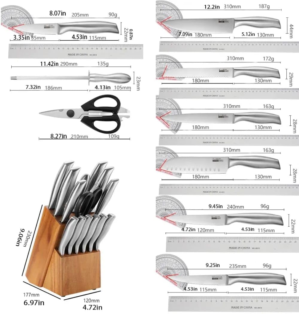 Liying 15-Piece Kitchen Knife Block Set, High Carbon Stainless Steel, Wooden Block Stand with Sharpener, Silver