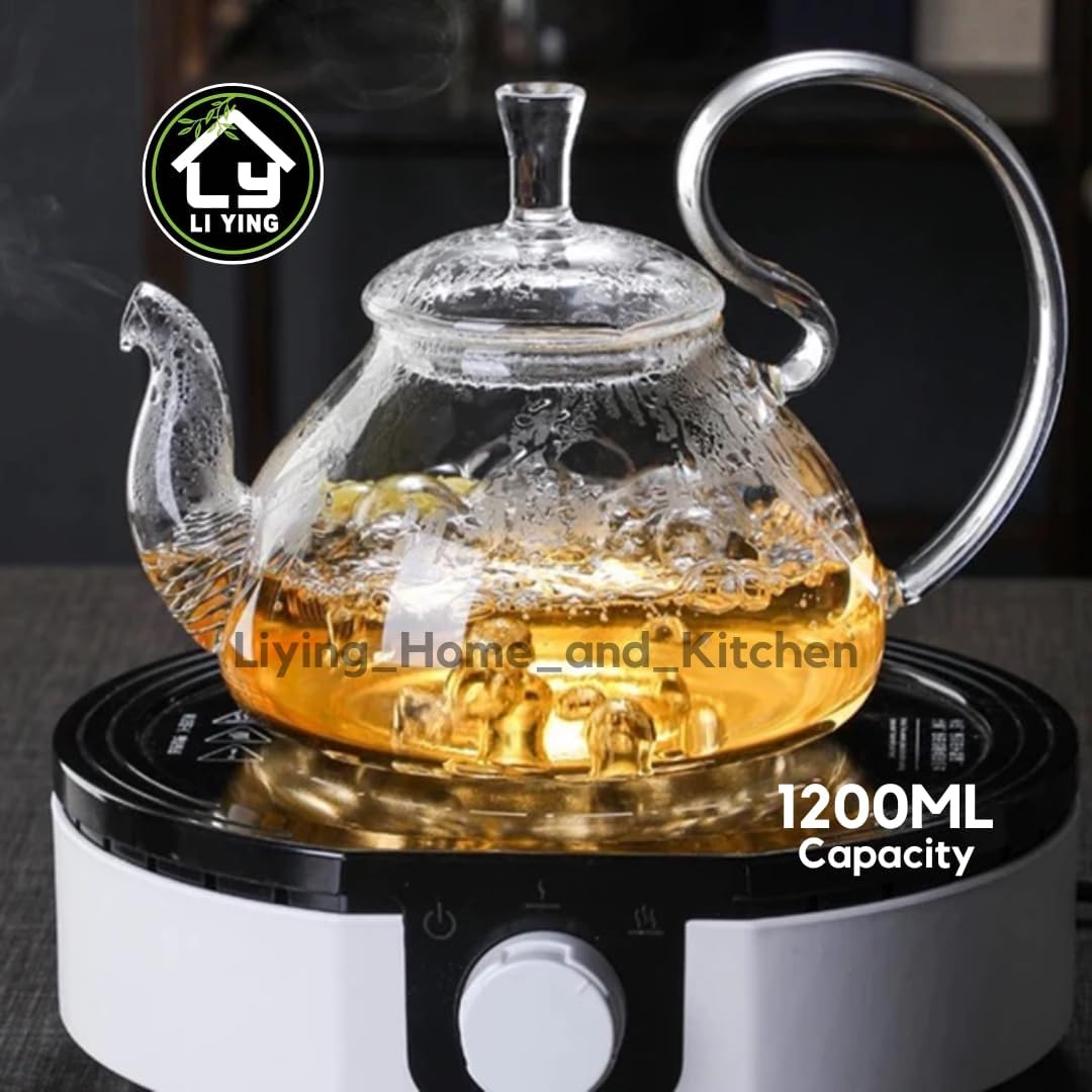 Liying 1200ml Pyrex Glass Teapot with Removable Strainer, Stovetop Safe Tea Kettle, for Blooming and Loose Leaf Tea Maker