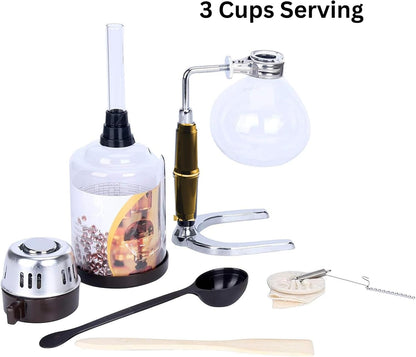 Liying 3cup Tabletop Siphon (Syphon) Coffee Maker with Alcohol Burner, Plastic Coffee Powder Spoon, Filter Cloth and Wooden Stirrer (Wooden Handle)
