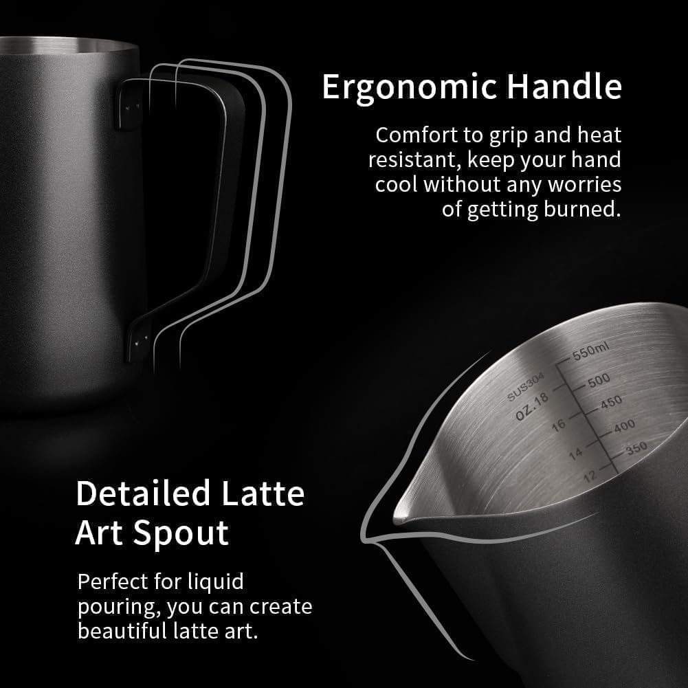 Liying Stainless Steel Milk Frothing Pitcher 550ml - Espresso Steaming Pitcher for Cappuccino, Latte Art, Coffee Machine Accessories Milk Jug Milk Frother Cup, Black