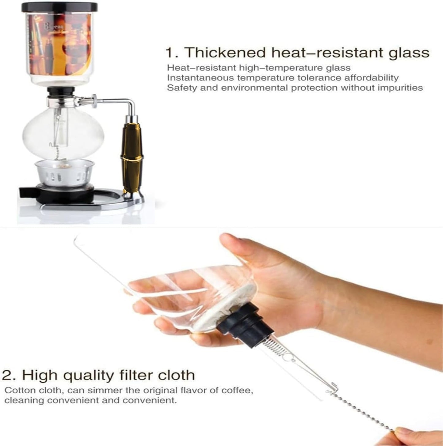 Liying 3cup Tabletop Siphon (Syphon) Coffee Maker with Alcohol Burner, Plastic Coffee Powder Spoon, Filter Cloth and Wooden Stirrer (Wooden Handle)