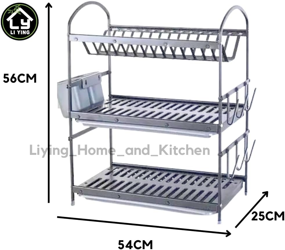 Liying 3-tier Dish Rack with Cup Holder, Dish Drainer with Automatic Drainage, Drainboard and Aluminum Utensil Holder Large Capacity