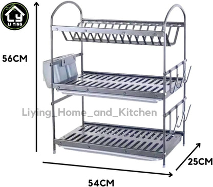 Liying 3-tier Dish Rack with Cup Holder, Dish Drainer with Automatic Drainage, Drainboard and Aluminum Utensil Holder Large Capacity