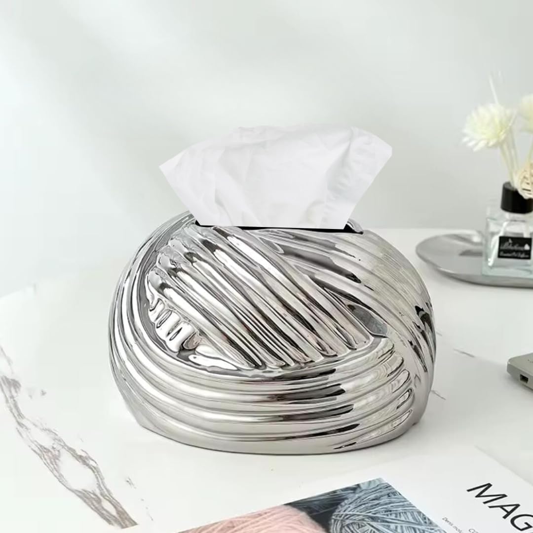 Liying Ceramic Rope Design Tissue Box Vanity Top Ceramic Abstract for Livinh room, Home Decor Shelf, Tissue Box Organizer (Silver)