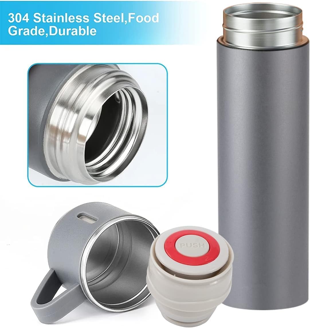 Liying Coffee Thermos Stainless Steel Vacuum-Insulated Water Bottle, 500ml/16.9oz Insulated Bottle with Cup for Hot & Cold Drink Travel Mug (Grey, Three Cup)