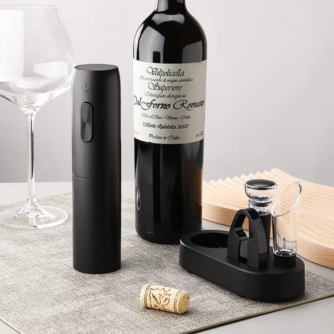 Liying Electric Wine Opener Set, Rechargeable Electric Corkscrew Wine Opener With Charging Base, Foil Cutter, Wine Aerator And Vacuum Stopper, Gifts For Wine Lovers, Black
