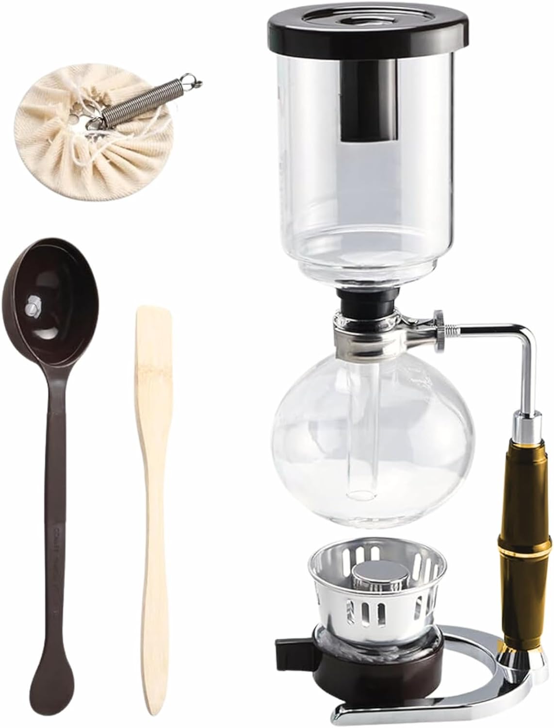 Liying 3cup Tabletop Siphon (Syphon) Coffee Maker with Alcohol Burner, Plastic Coffee Powder Spoon, Filter Cloth and Wooden Stirrer (Wooden Handle)