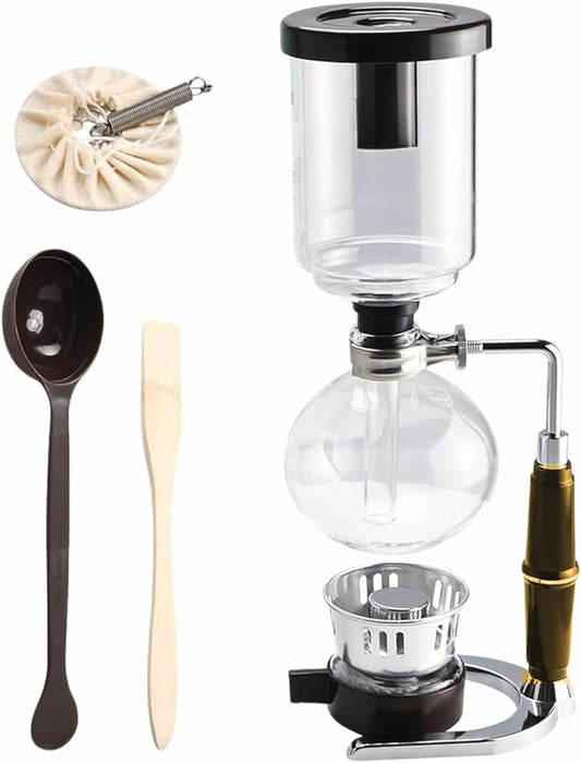 Liying 3cup Tabletop Siphon (Syphon) Coffee Maker with Alcohol Burner, Plastic Coffee Powder Spoon, Filter Cloth and Wooden Stirrer (Wooden Handle)