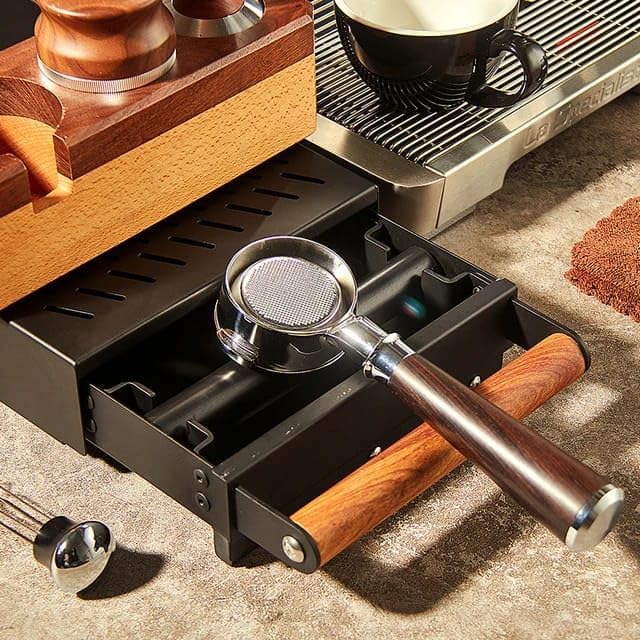 Liying Espresso Knock Box Drawer, Stainless Steel Coffee Grounds Container with Wood Handle, Removable Rubber Knock Bar and Non-Slip Base (Big)