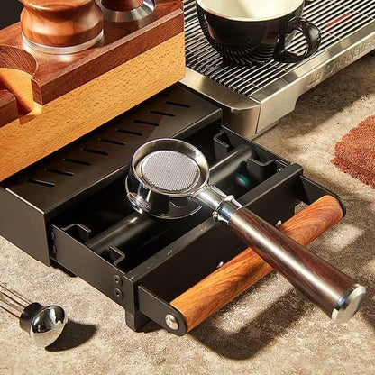 Liying Espresso Knock Box Drawer, Stainless Steel Coffee Grounds Container with Wood Handle, Removable Rubber Knock Bar and Non-Slip Base (Big)