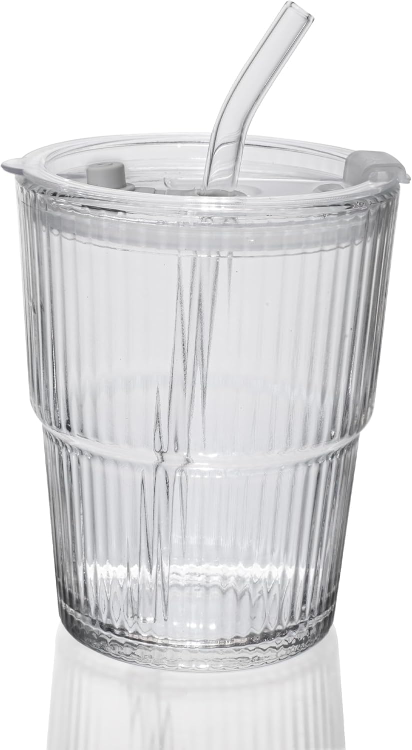 Liying 350ml Glass Coffee Tumbler with Straw and Lid Sealed Carry on, Glass Iced Coffee Cup, Leak-Proof Glass Tumbler Cup, Reusable Smoothie Mugs for Cold & Hot Drinks, Coffee, Tea, Shake (clear)