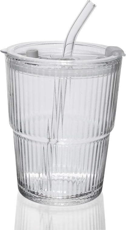 Liying 350ml Glass Coffee Tumbler with Straw and Lid Sealed Carry on, Glass Iced Coffee Cup, Leak-Proof Glass Tumbler Cup, Reusable Smoothie Mugs for Cold & Hot Drinks, Coffee, Tea, Shake (clear)