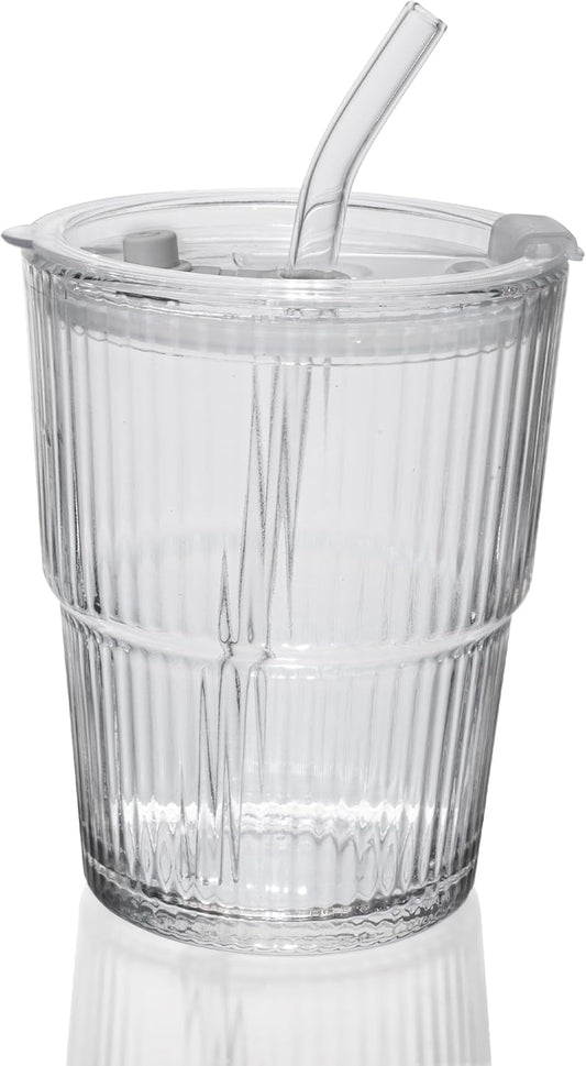 Liying 350ml Glass Coffee Tumbler with Straw and Lid Sealed Carry on, Glass Iced Coffee Cup, Leak-Proof Glass Tumbler Cup, Reusable Smoothie Mugs for Cold & Hot Drinks, Coffee, Tea, Shake (clear)