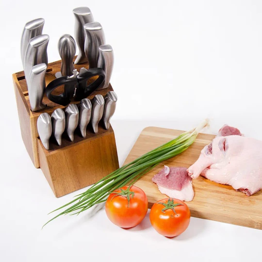 Liying 15-Piece Kitchen Knife Block Set, High Carbon Stainless Steel, Wooden Block Stand with Sharpener, Silver