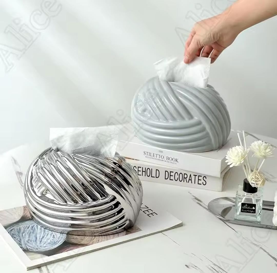 Liying Ceramic Rope Design Tissue Box Vanity Top Ceramic Abstract for Livinh room, Home Decor Shelf, Tissue Box Organizer (Silver)