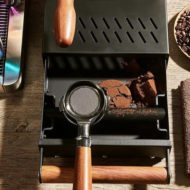 Liying Espresso Knock Box Drawer, Stainless Steel Coffee Grounds Container with Wood Handle, Removable Rubber Knock Bar and Non-Slip Base (Big)
