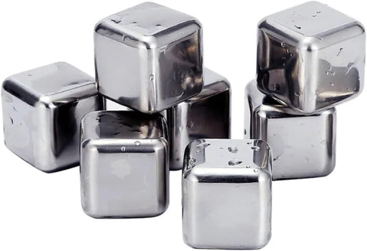 Liying 8pcs Stainless Steel Reusable Ice Cubes with Barman Tongs and Freezer Tray for cold coffee, Chill Drinks