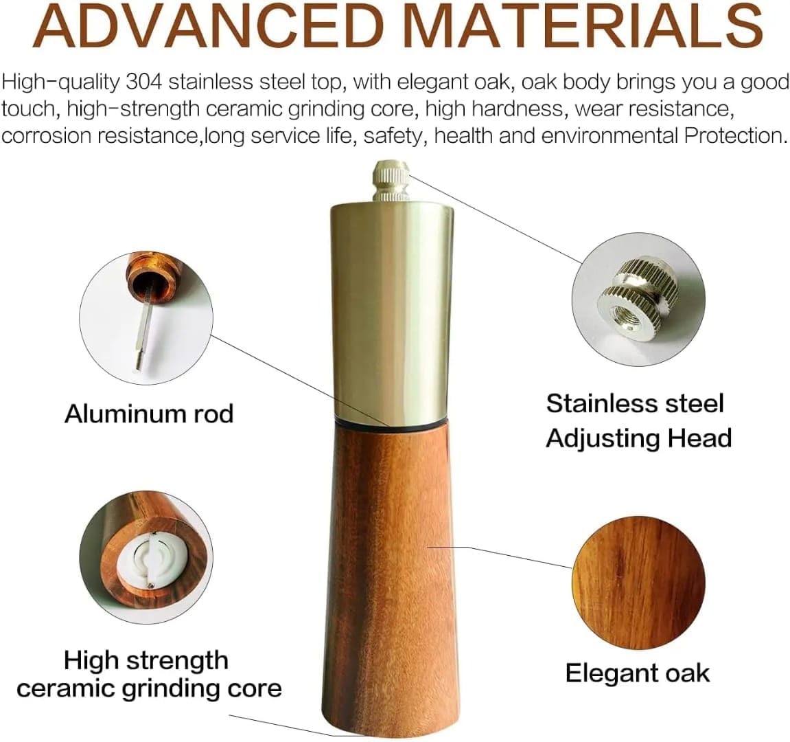 Liying Salt Shaker and Pepper Grinder with Tray, High Strength Ceramic Grinding Core, Refillable Salt Shaker & Pepper Mill Adjustable for Customized Coarseness (Gold)