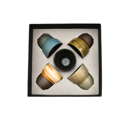 Liying Ceramic Coffee Cup Set 100ml 5 Pieces Handmade Art Design Shiny Brown with Gift Box Cups