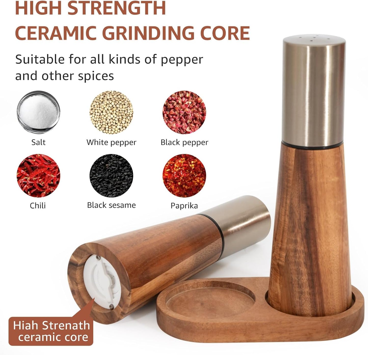 Salt Shaker and Pepper Grinder with Tray, Acacia Wood Salt and Pepper Grinder Set with High Strength Ceramic Grinding Core, Refillable Salt Shaker & Pepper Mill Adjustable for Customized Coarseness
