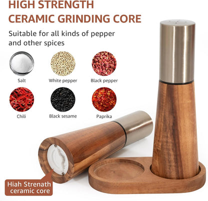 Salt Shaker and Pepper Grinder with Tray, Acacia Wood Salt and Pepper Grinder Set with High Strength Ceramic Grinding Core, Refillable Salt Shaker & Pepper Mill Adjustable for Customized Coarseness
