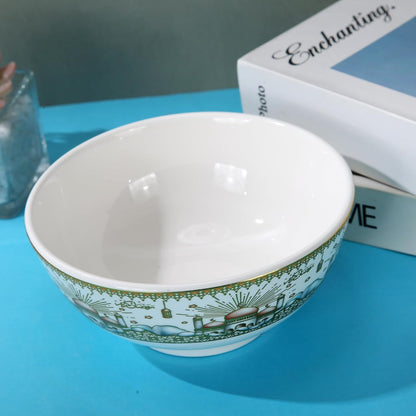 Liying Ramadan Design Set of 6 Ceramic Soup Bowls, Cereals, Rice, Pasta, Salad Oatmeal, Thick-edge Non-slip Design with ramadan designs, gold and white color H-7cm, W-11cm, L-11cm (Small) | Yellow