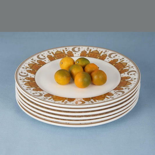 Porcelain Plates with Ramadan Design, Ceramic Round Serving Plate for Salad, Cakes,Sweets,(Set of 6)(S)-gold and White color (L-15*W-15CM)