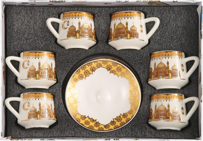 Liying Ramadan Design Turkish Coffee Cup Set - Set of 6 with Saucers and Cup Holder for Home Office, Ceramic Keeps Coffee Warm, set-gold and white color