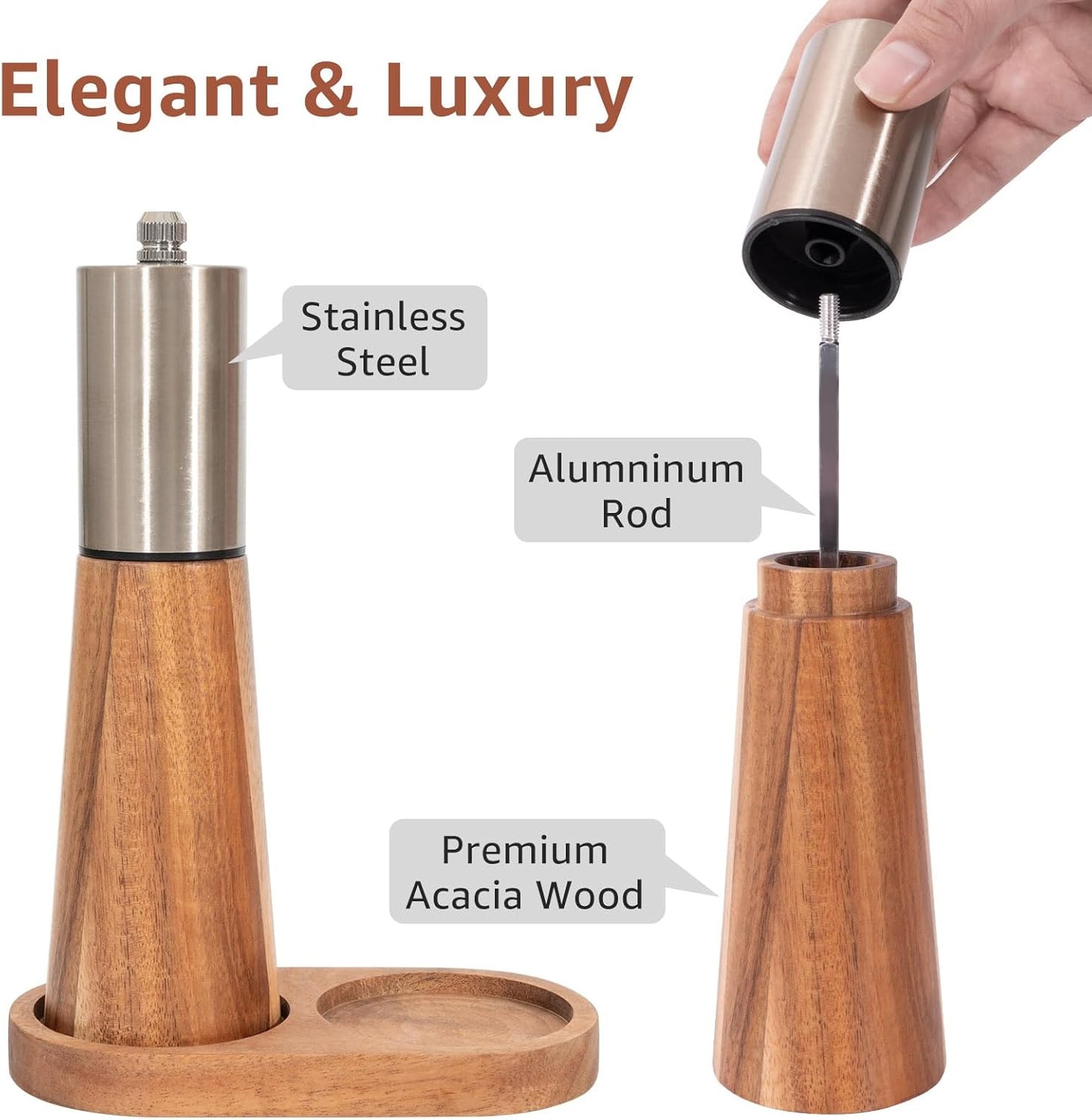 Salt Shaker and Pepper Grinder with Tray, Acacia Wood Salt and Pepper Grinder Set with High Strength Ceramic Grinding Core, Refillable Salt Shaker & Pepper Mill Adjustable for Customized Coarseness