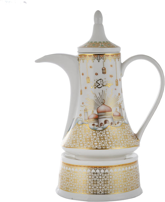 Liying Ramdan Gold coarted Design Ceramic Arabic Coffee Pot and Heat Resistant with Candle Warmer, Ramadan Decorations for Table for Coffee