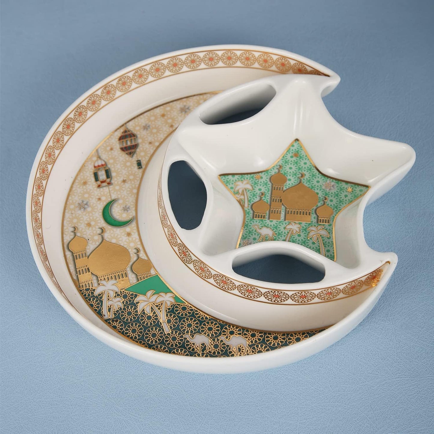 Ceramic Star Moon Shaped Serving Holder Plate ， Dish Ramadan Kareem Decoration Tray Eid Mubarak Dessert Tray-White and Green Color(B) (L-27*W-26.5*H-4CM)