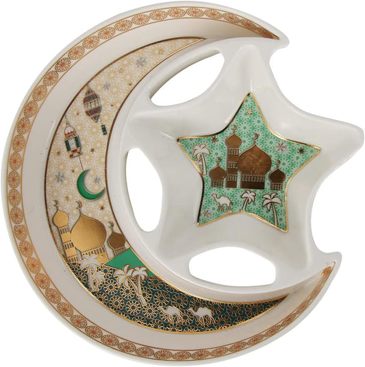 Ceramic Star Moon Shaped Serving Holder Plate ， Dish Ramadan Kareem Decoration Tray Eid Mubarak Dessert Tray-White and Green Color(B) (L-27*W-26.5*H-4CM)