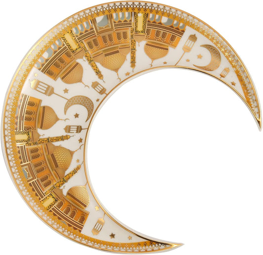 Ramadan Design Half Moon Elegant Decoration，Candy，Nuts Pastry ， Snacks Home Plates -gold and white color (B)(L-23*W-9*H-23CM)