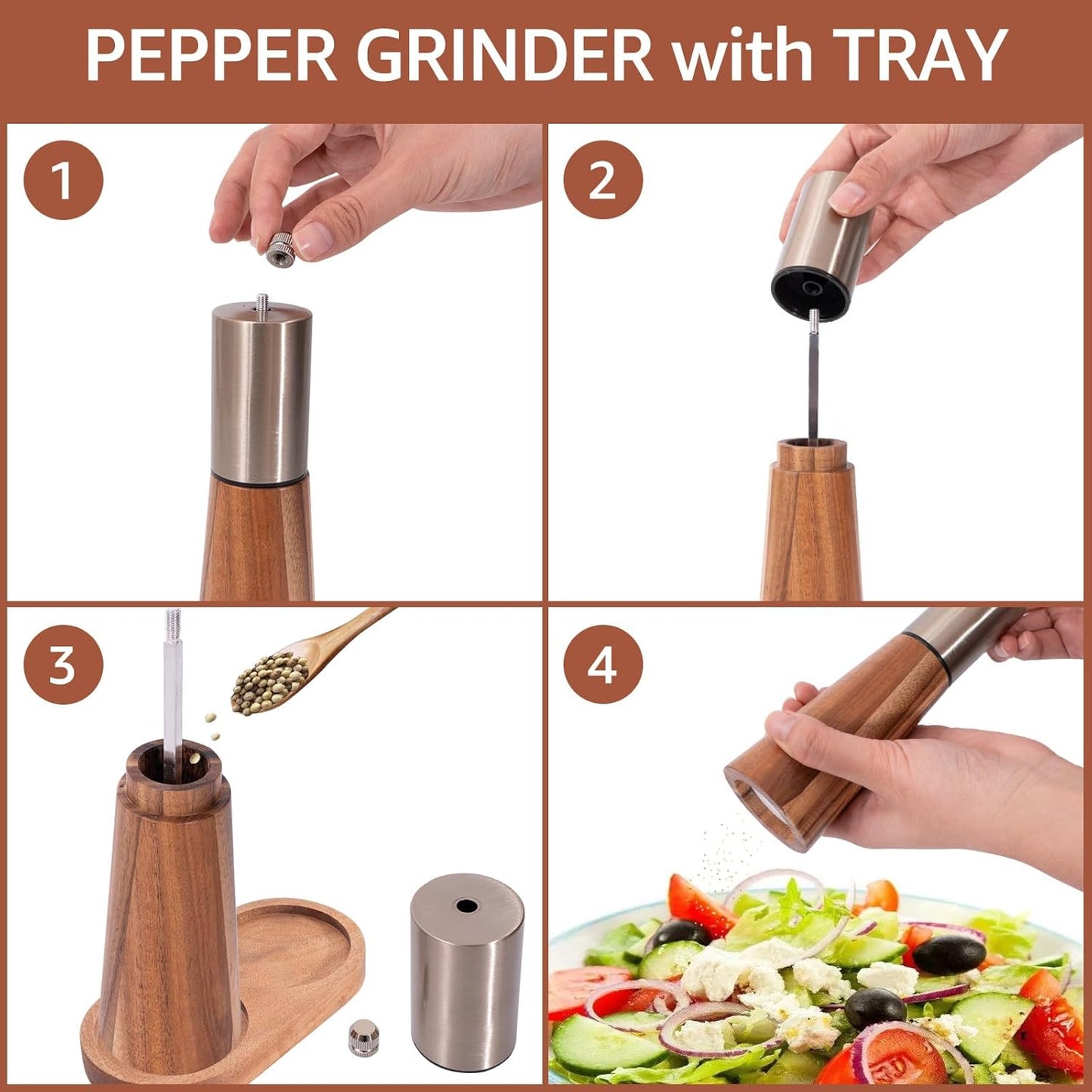 Salt Shaker and Pepper Grinder with Tray, Acacia Wood Salt and Pepper Grinder Set with High Strength Ceramic Grinding Core, Refillable Salt Shaker & Pepper Mill Adjustable for Customized Coarseness