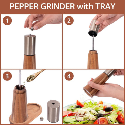 Salt Shaker and Pepper Grinder with Tray, Acacia Wood Salt and Pepper Grinder Set with High Strength Ceramic Grinding Core, Refillable Salt Shaker & Pepper Mill Adjustable for Customized Coarseness