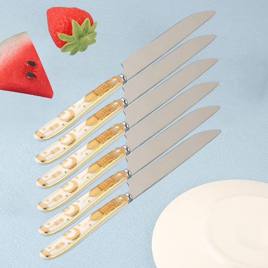 Liying Ramadan Design Heavy Duty Ceramic Handle Dinner Knives Set of 6 Stainless Steel Butter, Spreader Cheese Knife, Table Knifes, Steak Knives, Fruit Knife -Gold And White Color