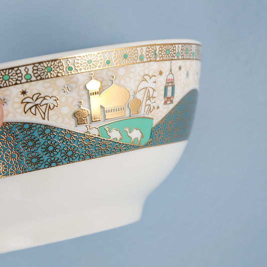 Ramadan design Porcelain Bowls Set of 6 Bowls for soup， Cereal, Salad, Fruit, Snacks, Ramen, Noodle, Dessert - White and green(L8*-W-15*H-6.5CM)