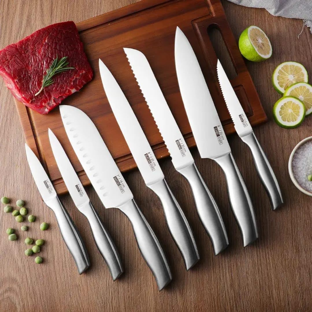 Liying 15-Piece Kitchen Knife Block Set, High Carbon Stainless Steel, Wooden Block Stand with Sharpener, Silver