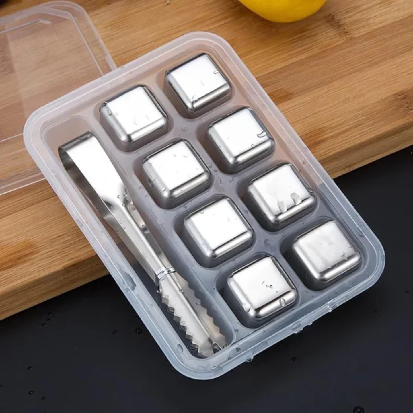 Liying 8pcs Stainless Steel Reusable Ice Cubes with Barman Tongs and Freezer Tray for cold coffee, Chill Drinks