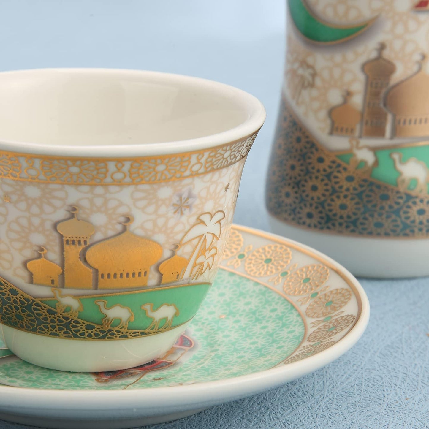 Ramadan design Porcelain Arabic 6 Tea cups And 6 Cawa cups Set of 18pcs，Dishwasher safe and good for wedding ，birthday parties etc.White and green color