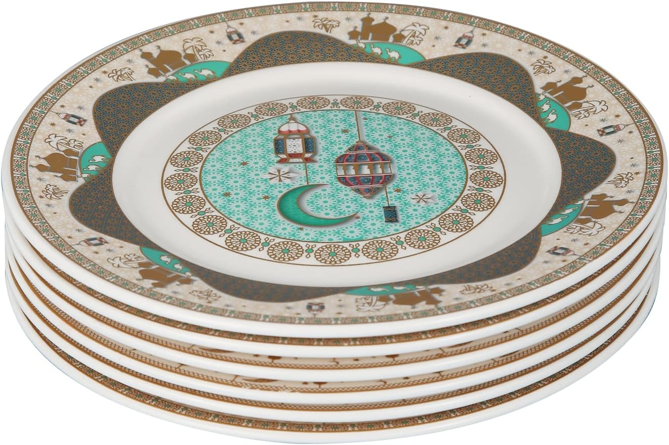 Porcelain Plates with Ramadan Design, Ceramic Round Serving Plate for Sweets and Cakes (Set of 6)(S)-green and White color (L-15*W-15CM)